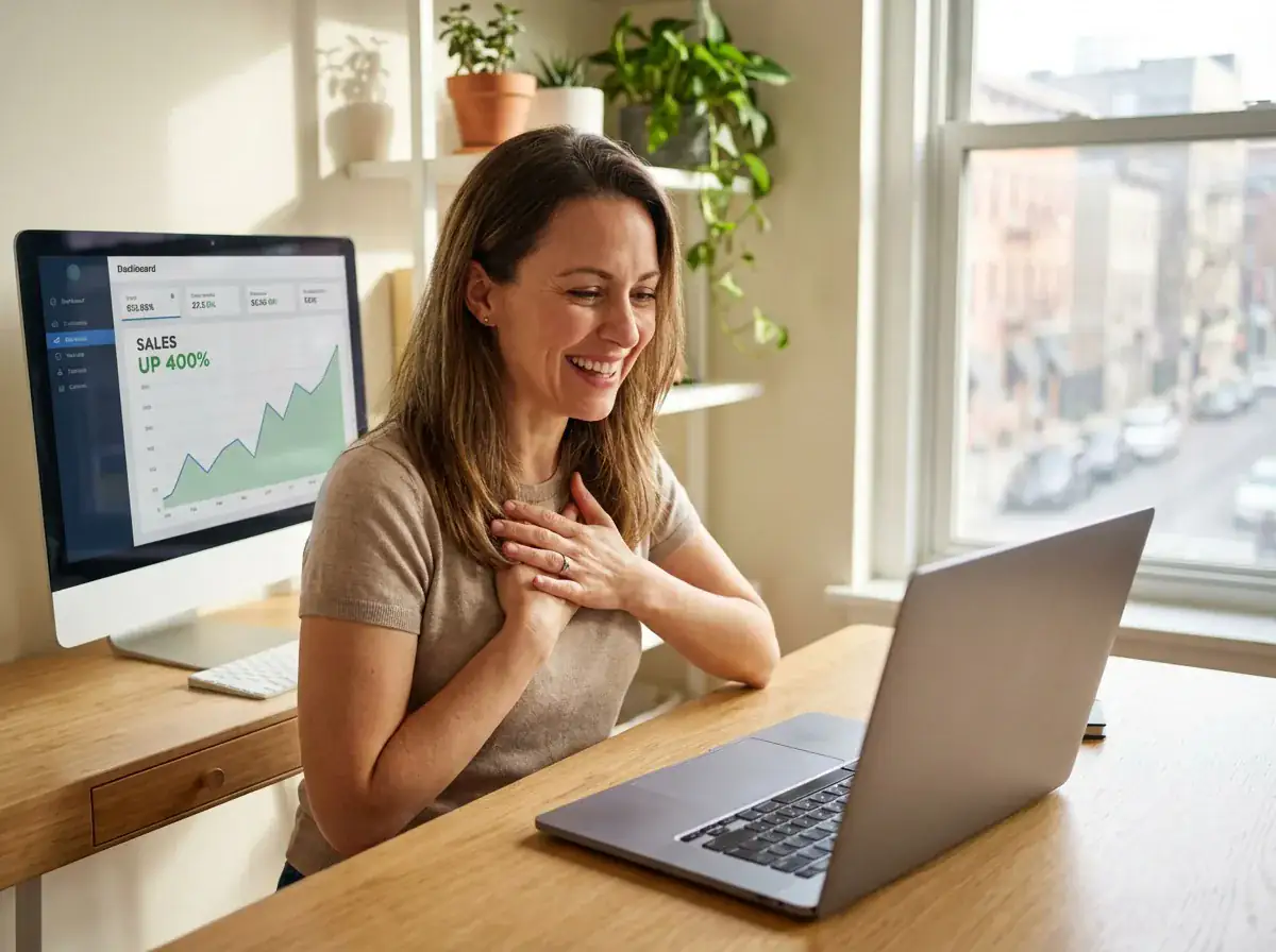 Happy business owner looking at their new sales generating website designed by RankFrost